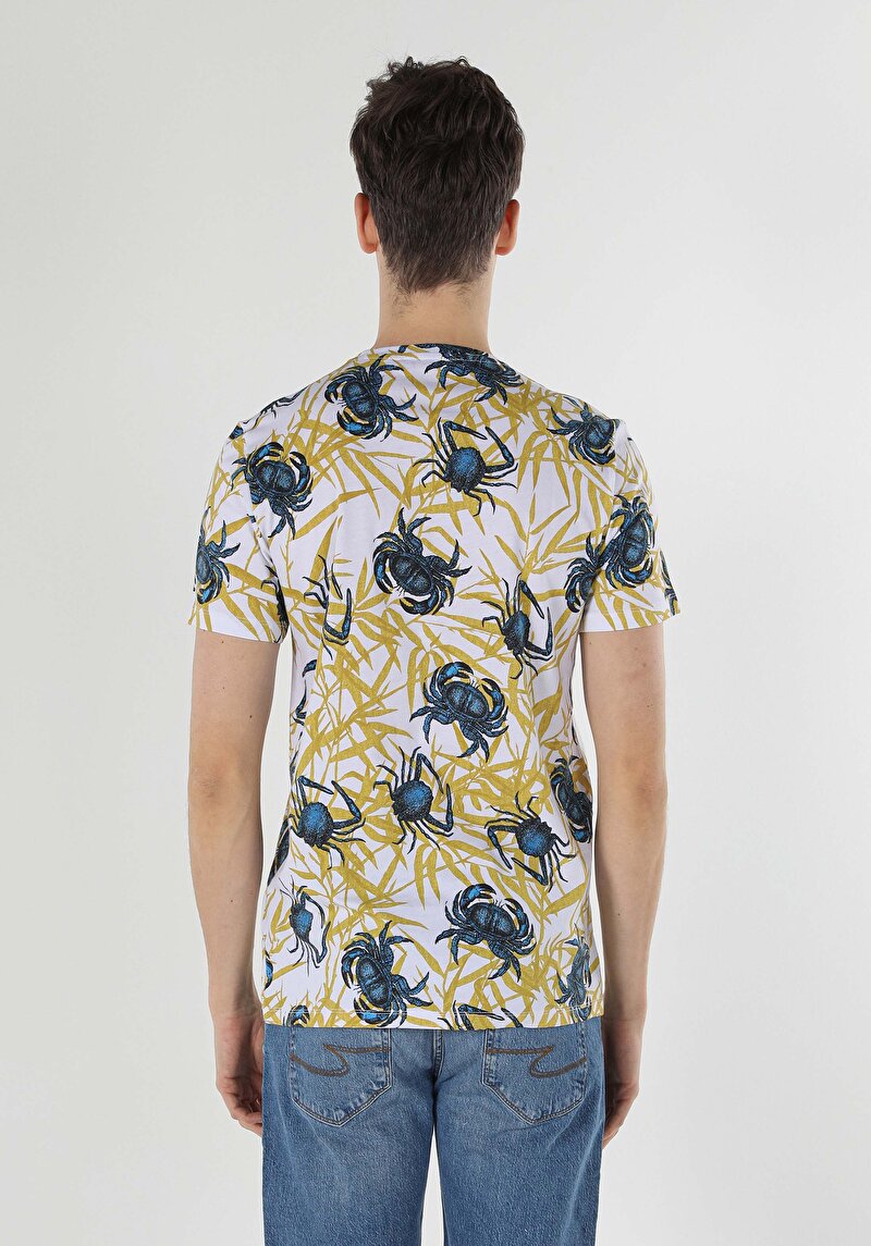 Regular Fit Yuvarlak Yaka Akrep Baskılı Erkek Beyaz Kısa Kol Tişört