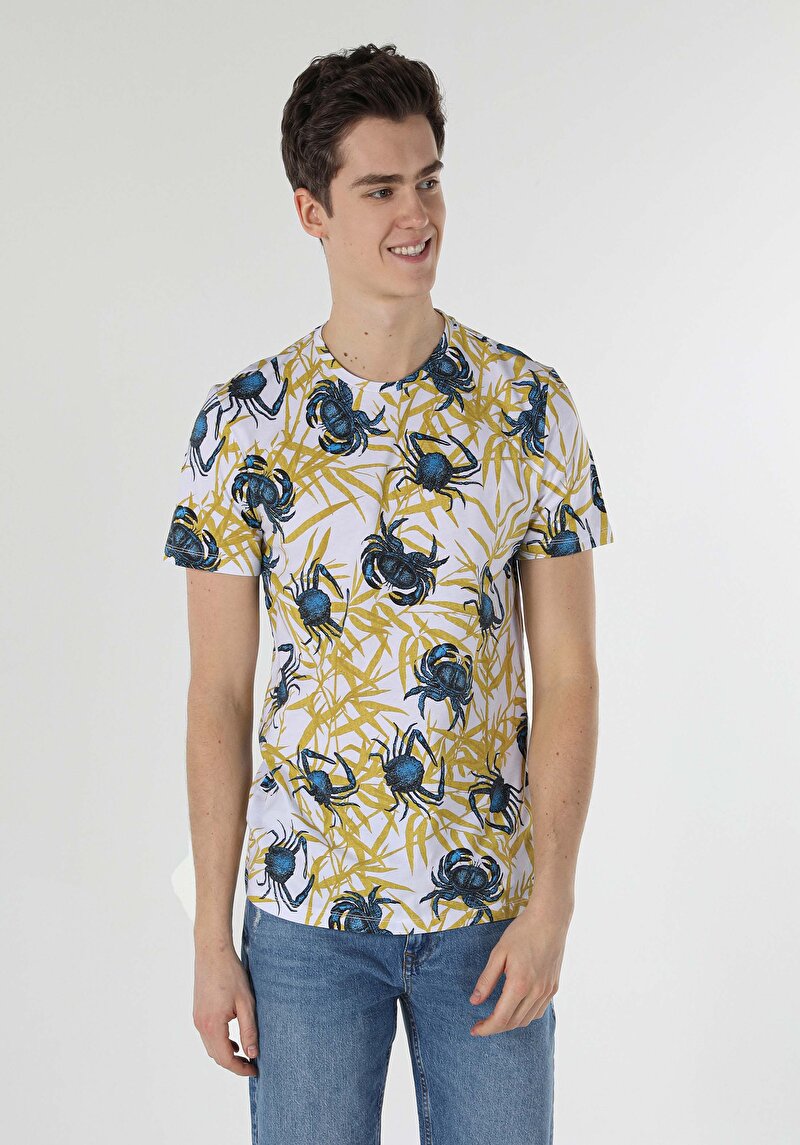 Regular Fit Yuvarlak Yaka Akrep Baskılı Erkek Beyaz Kısa Kol Tişört