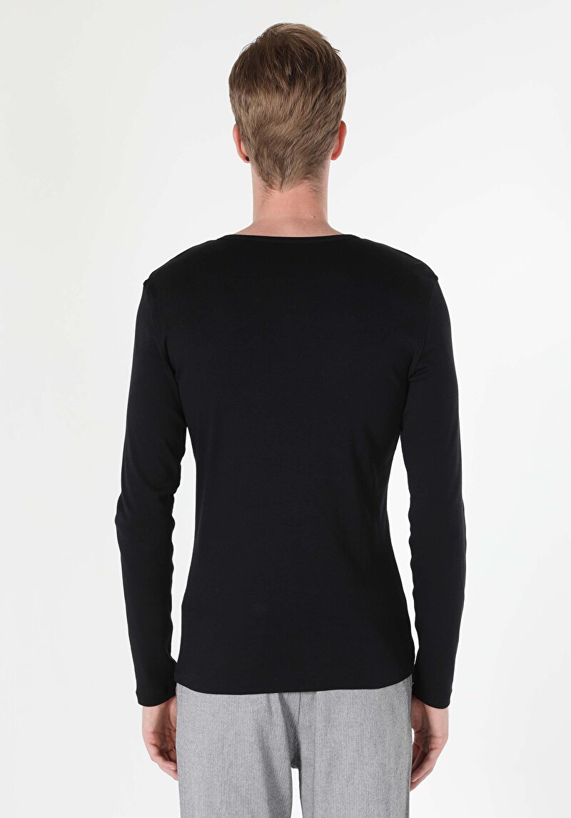 Slim Fit Placket Neck Düz Erkek Siyah Uzun Kol Tişört