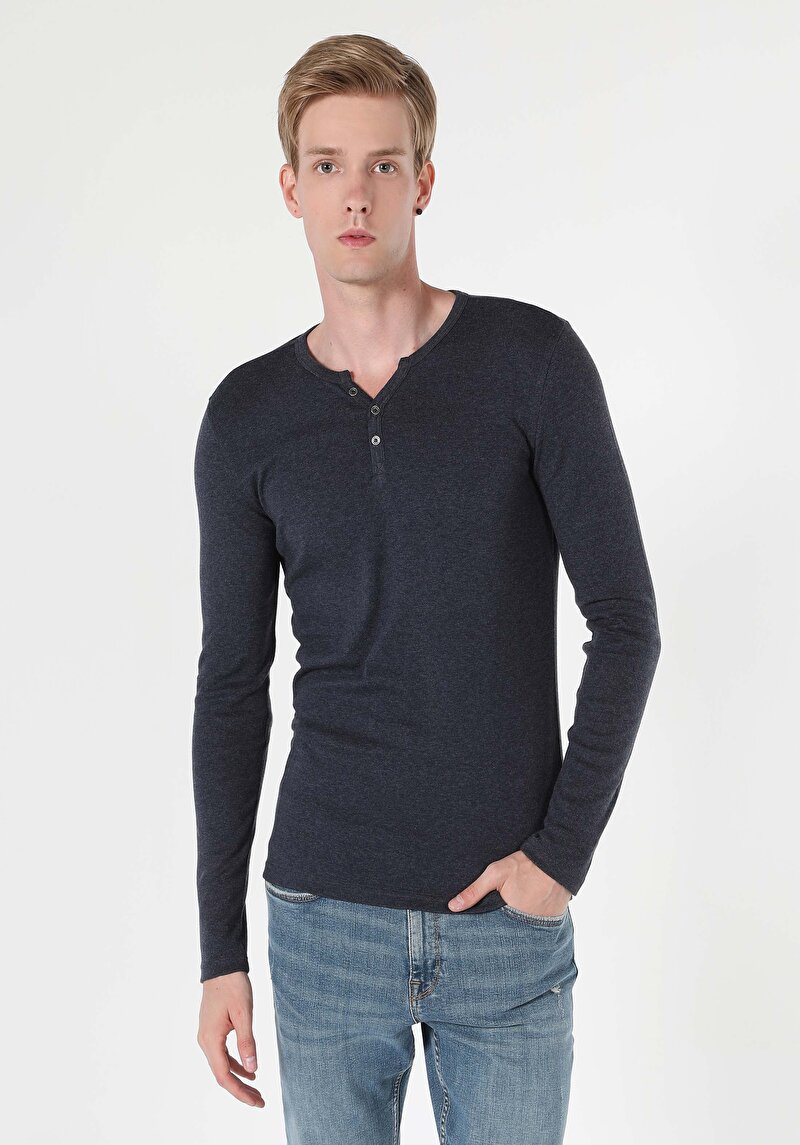 Slim Fit Placket Neck Düz Erkek Lacivert Uzun Kol Tişört