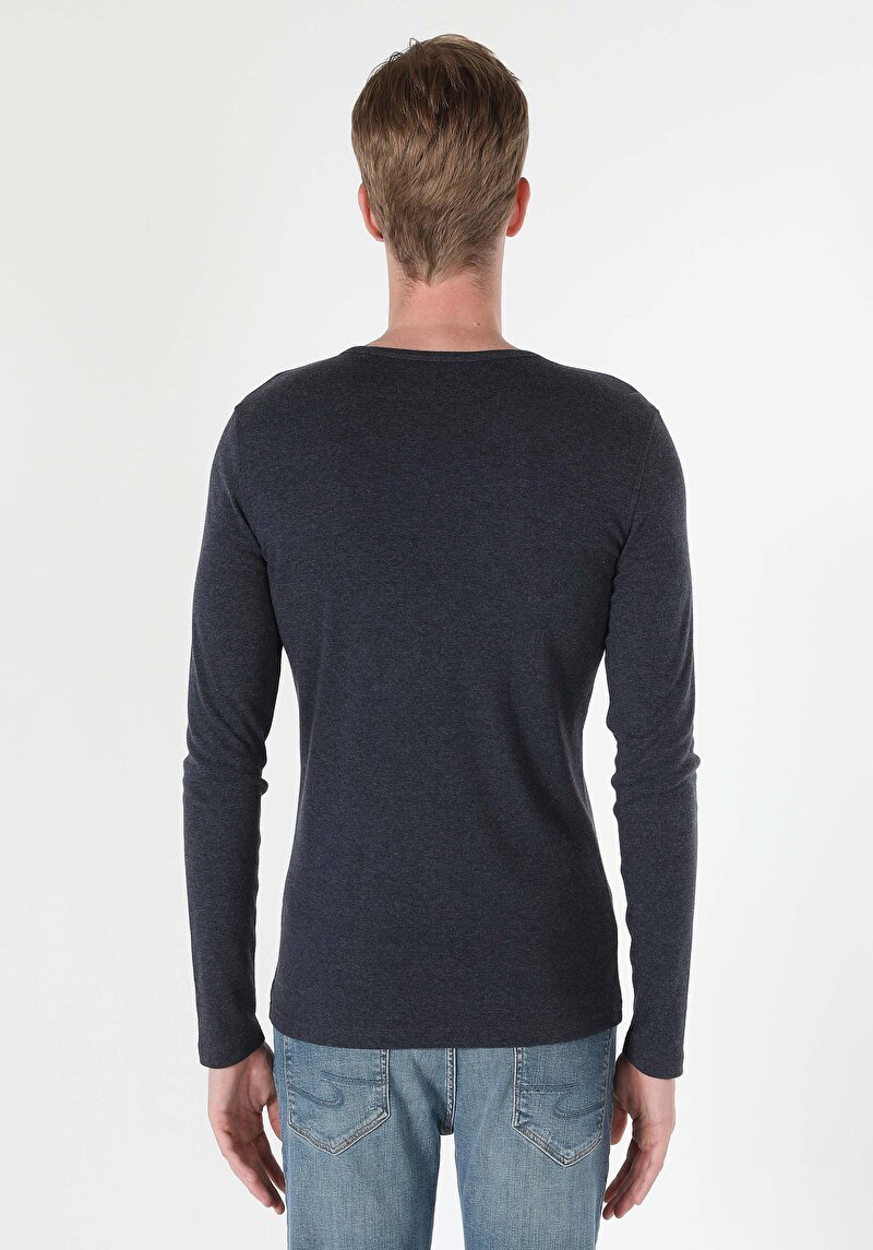 Slim Fit Placket Neck Düz Erkek Lacivert Uzun Kol Tişört
