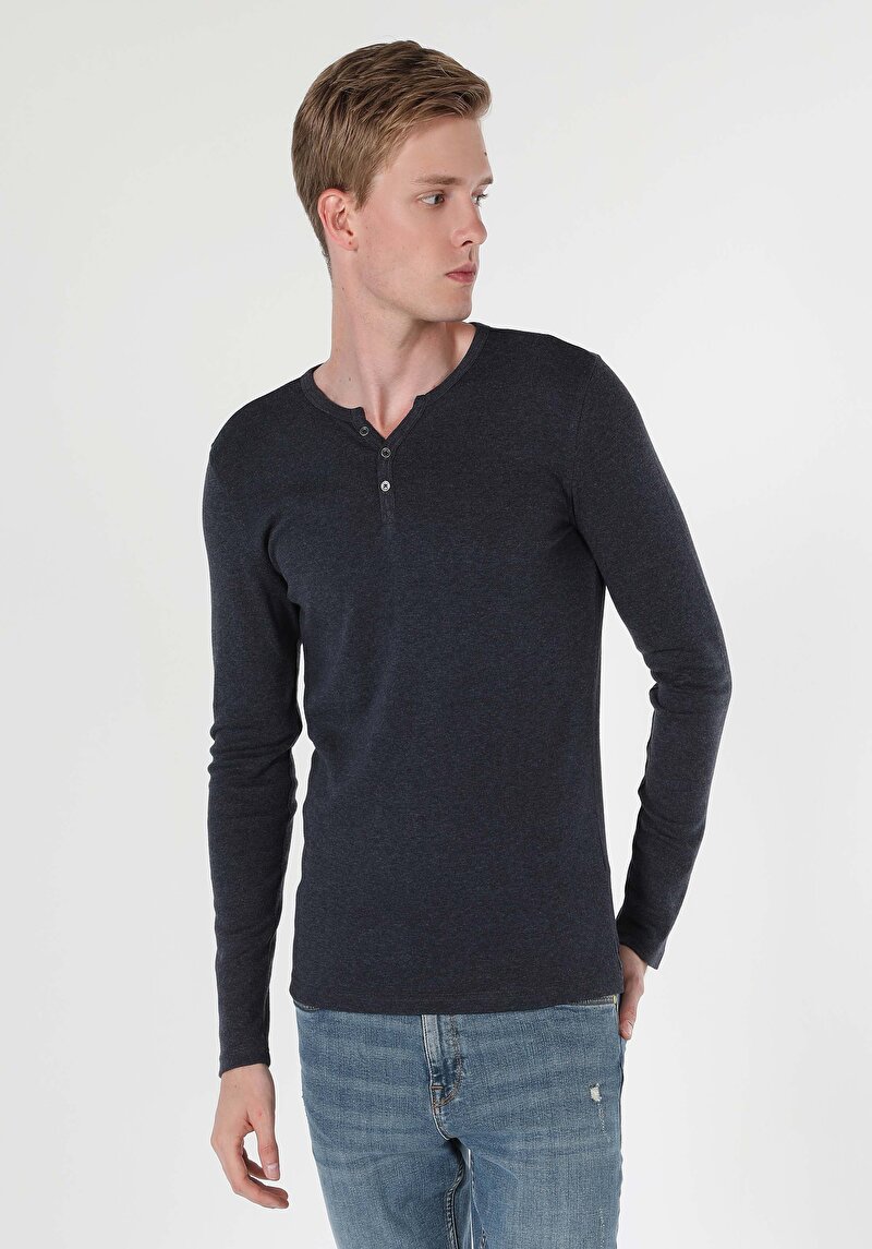 Slim Fit Placket Neck Düz Erkek Lacivert Uzun Kol Tişört
