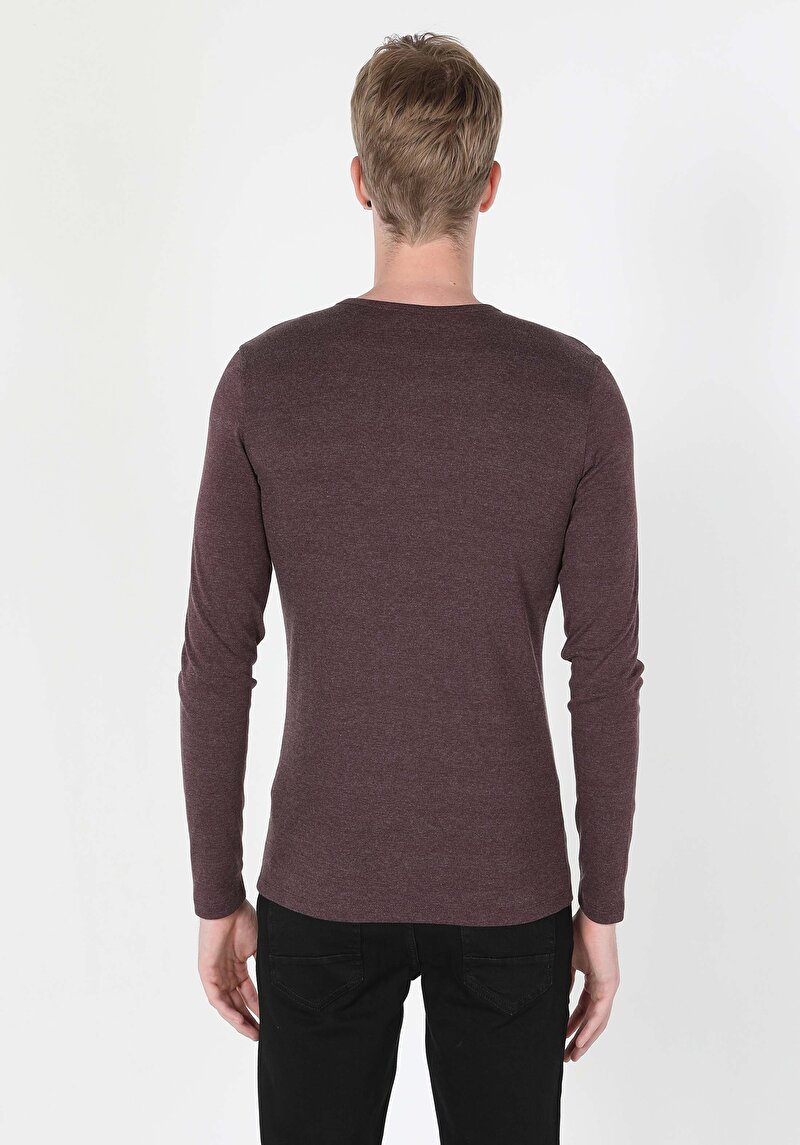 Slim Fit Placket Neck Düz Erkek Mor Uzun Kol Tişört