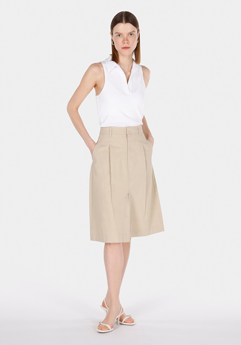 Midi Düz Fermuarlı Kadın Bej Etek