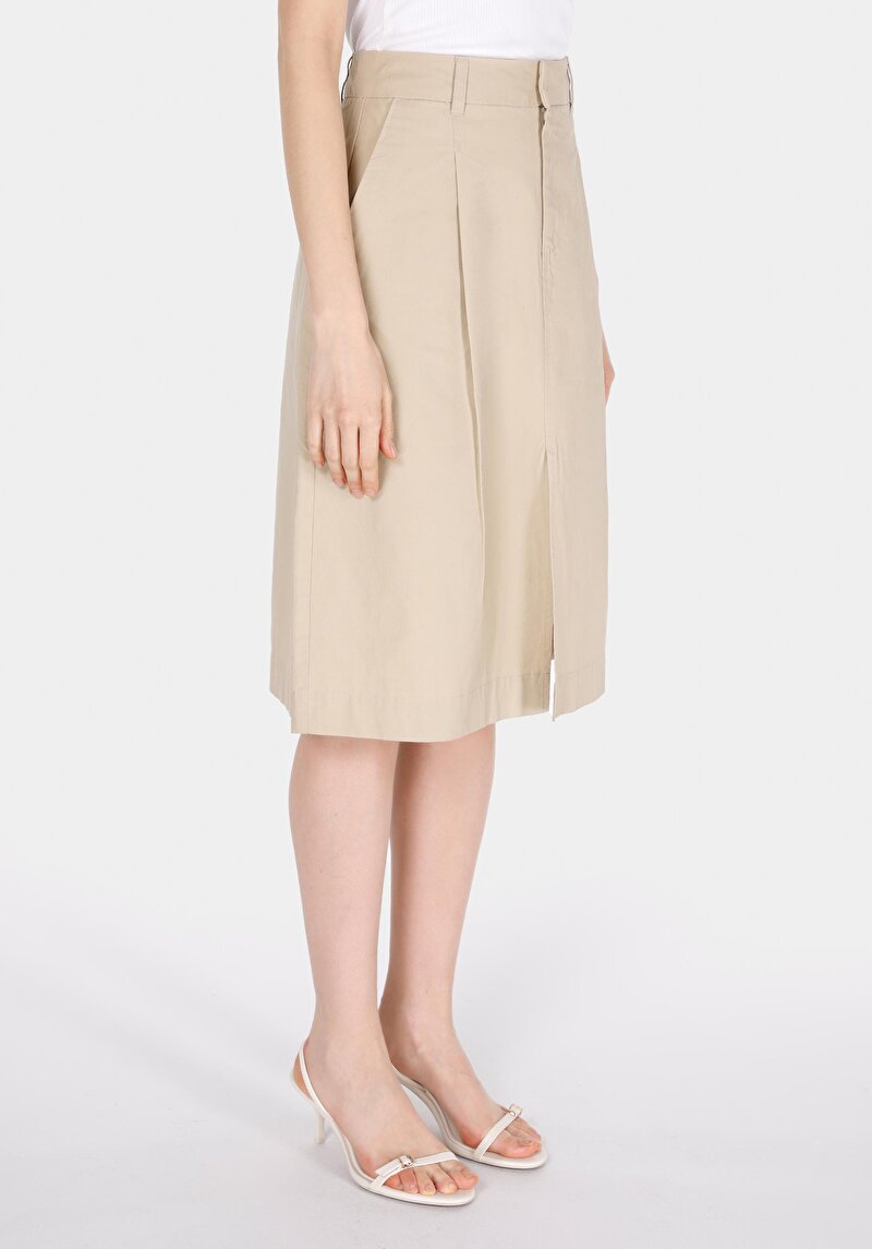 Midi Düz Fermuarlı Kadın Bej Etek