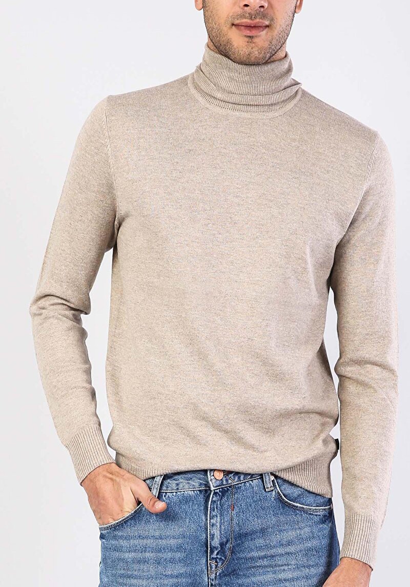 Slim Fit Balıkçı Yaka Jakarlı Erkek Bej Kazak