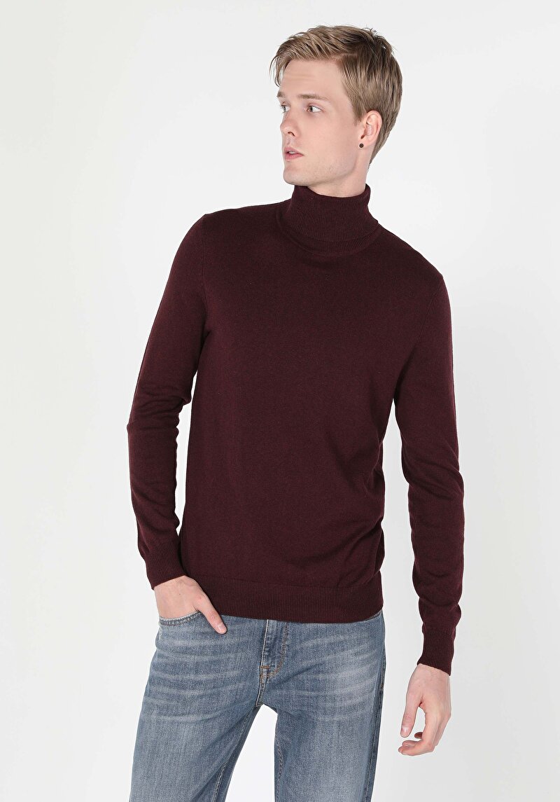 Slim Fit Balıkçı Yaka Jakarlı Erkek Mor Kazak