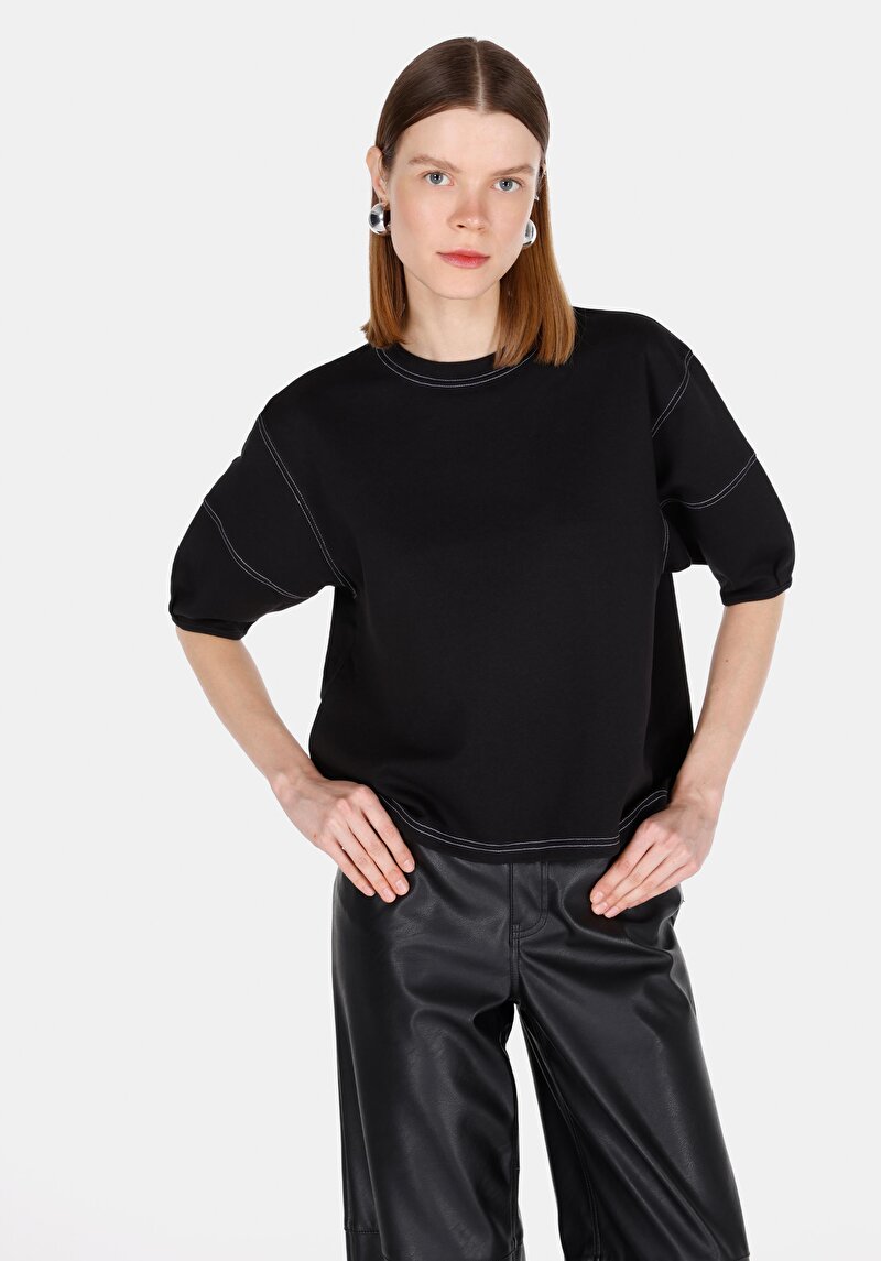 Regular Fit Yuvarlak Yaka Düz Kadın Siyah Kısa Kol Tişört