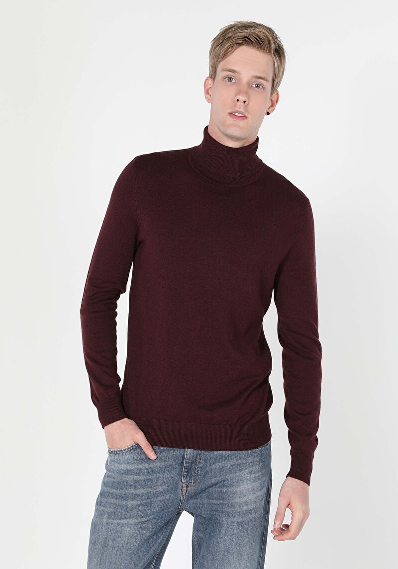 Slim Fit Balıkçı Yaka Jakarlı Erkek Mor Kazak