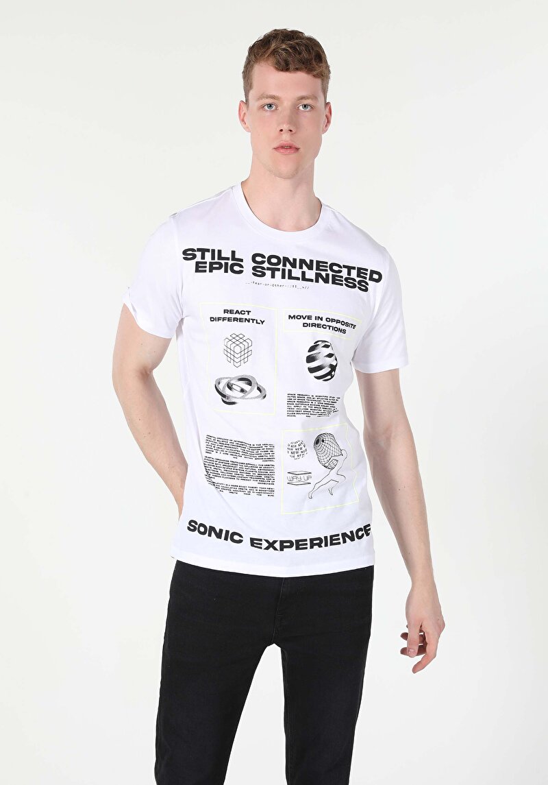 Regular Fit Yuvarlak Yaka Cepsiz Erkek Beyaz Kısa Kol Tişört