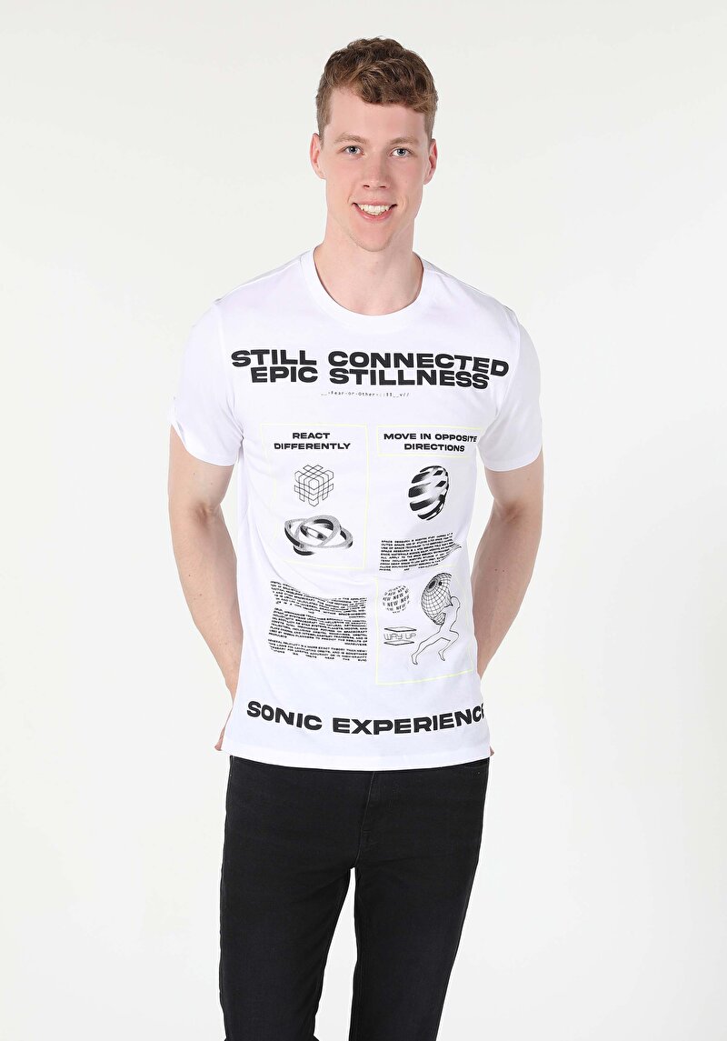 Regular Fit Yuvarlak Yaka Cepsiz Erkek Beyaz Kısa Kol Tişört