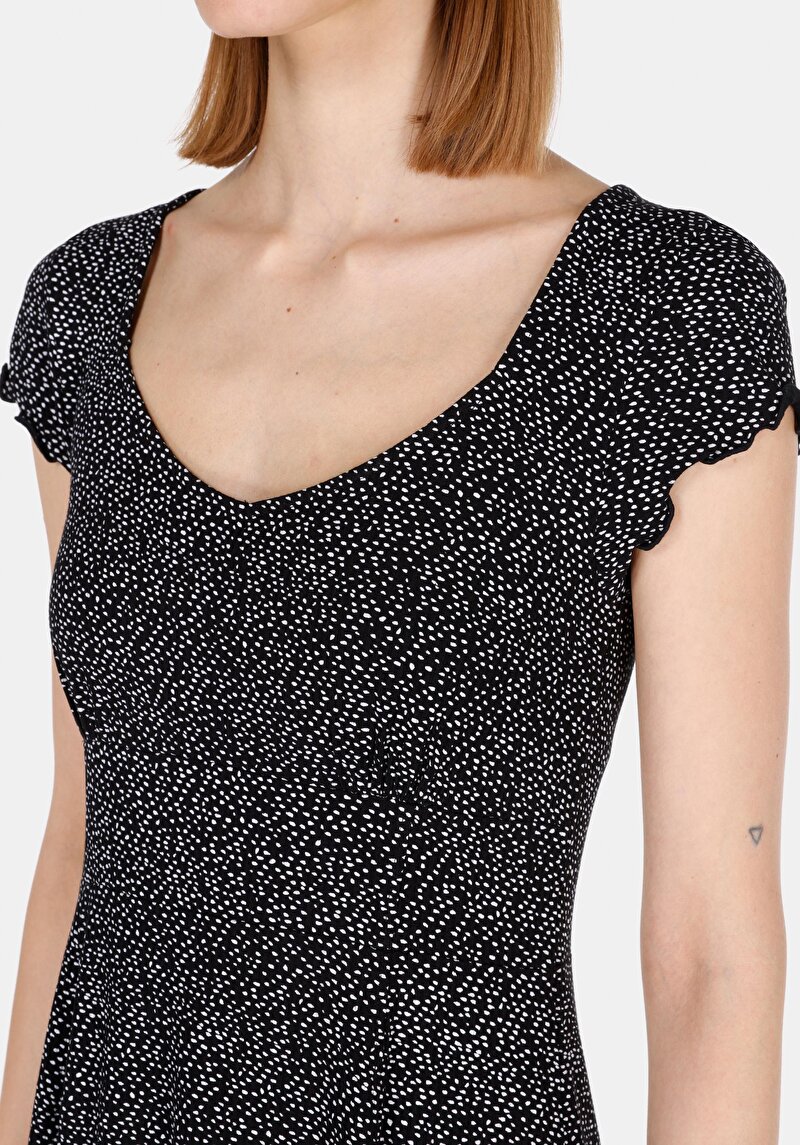 Slim Fit Çiçekli Kadın Siyah Kısa Kol Elbise