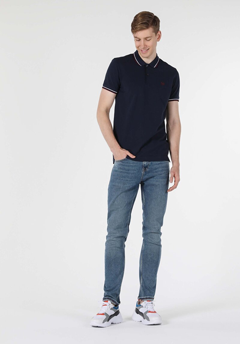 Classic Fit Polo Yaka Düz Erkek Lacivert Kısa Kol Tişört