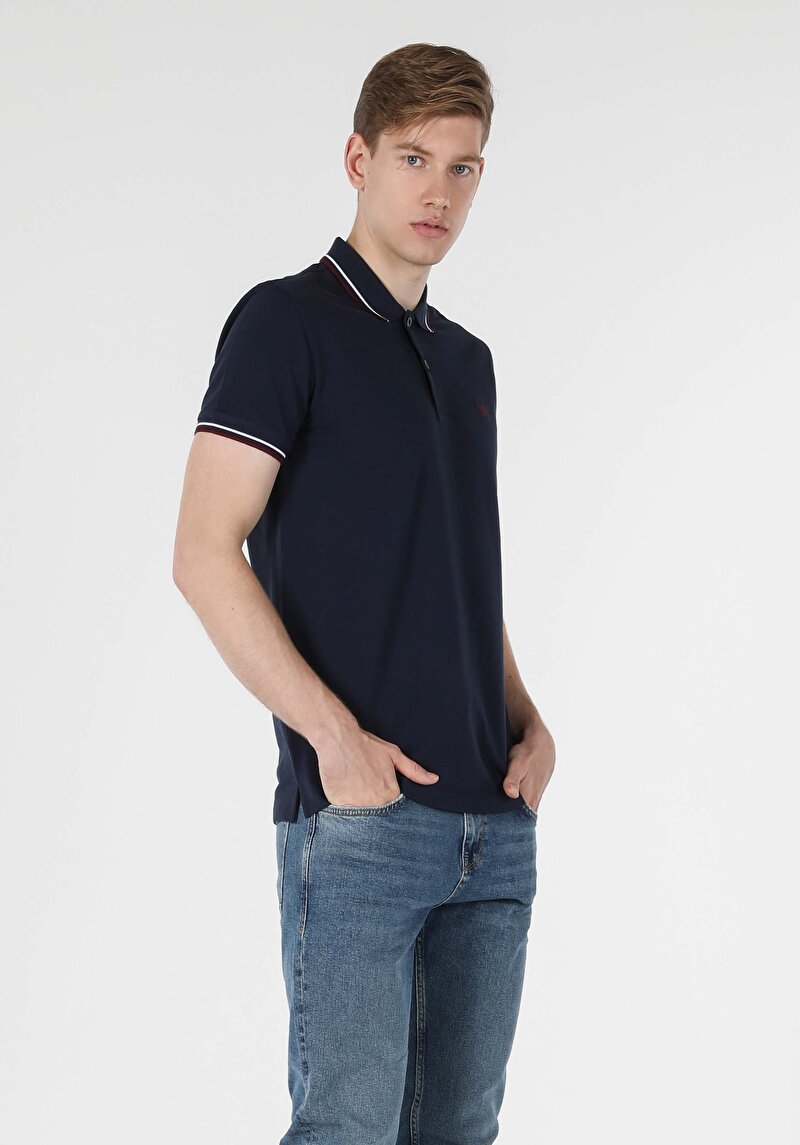 Classic Fit Polo Yaka Düz Erkek Lacivert Kısa Kol Tişört