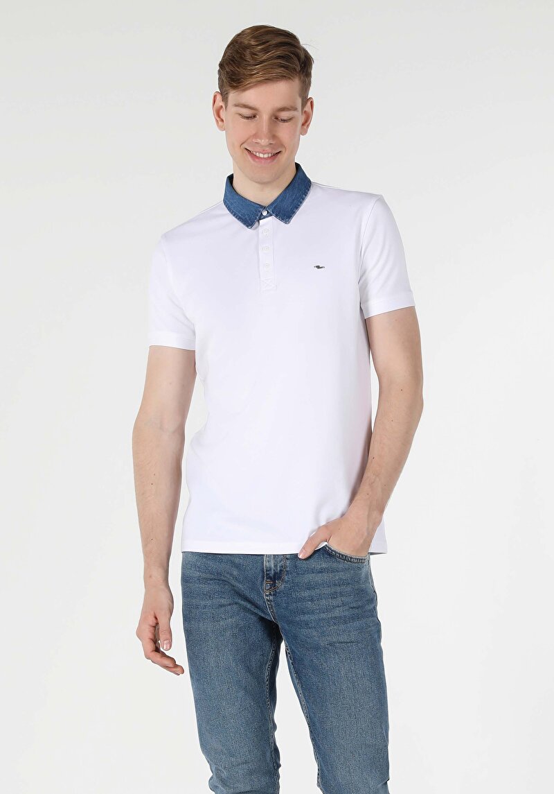 Slim Fit Polo Yaka Düz Erkek Beyaz Kısa Kol Tişört Cl1033370