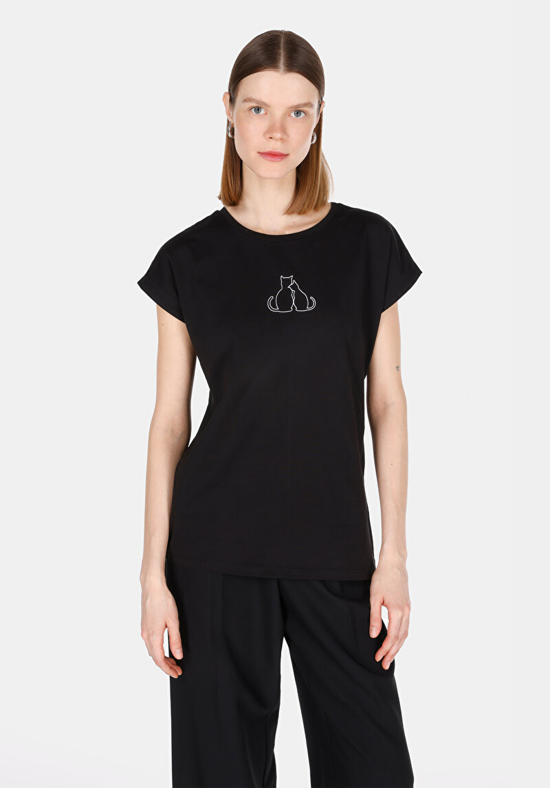 Regular Fit Pamuklu Yuvarlak Yaka Baskılı Kadın Siyah Kısa Kol Tişört