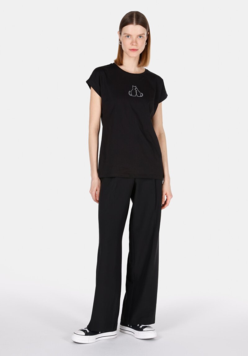 Regular Fit Pamuklu Yuvarlak Yaka Baskılı Kadın Siyah Kısa Kol Tişört