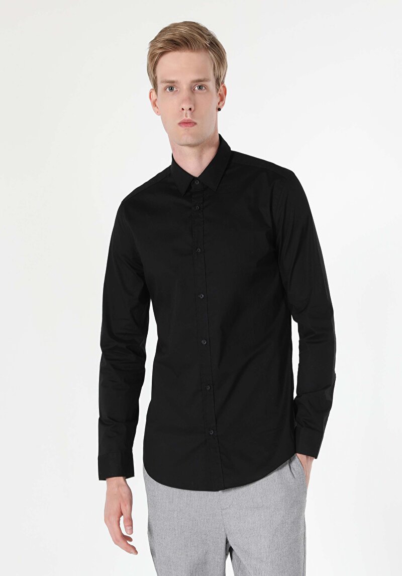 Süper Slim Fit Shirt Neck Düz Erkek Siyah Uzun Kol Gömlek