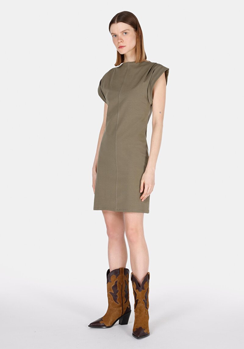 Slim Fit Düz Kadın Yeşil Kısa Kol Elbise