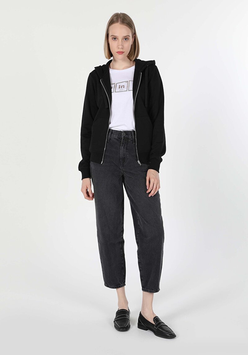 Regular Fit Örme Kapüşonlu Düz Kadın Siyah Sweatshirt