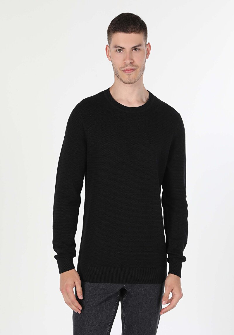 Regular Fit Pamuklu Yuvarlak Yaka Jakarlı Erkek Siyah Triko Kazak