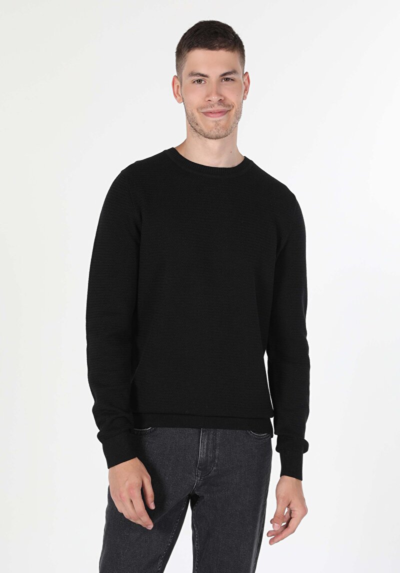 Regular Fit Yuvarlak Yaka Jakarlı Erkek Siyah Kazak Cl1046786