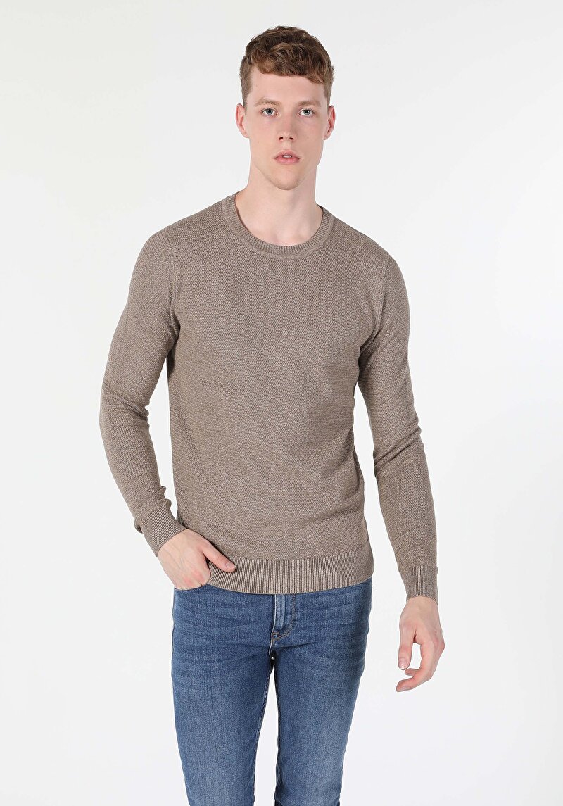 Regular Fit Yuvarlak Yaka Jakarlı Erkek Bej Kazak