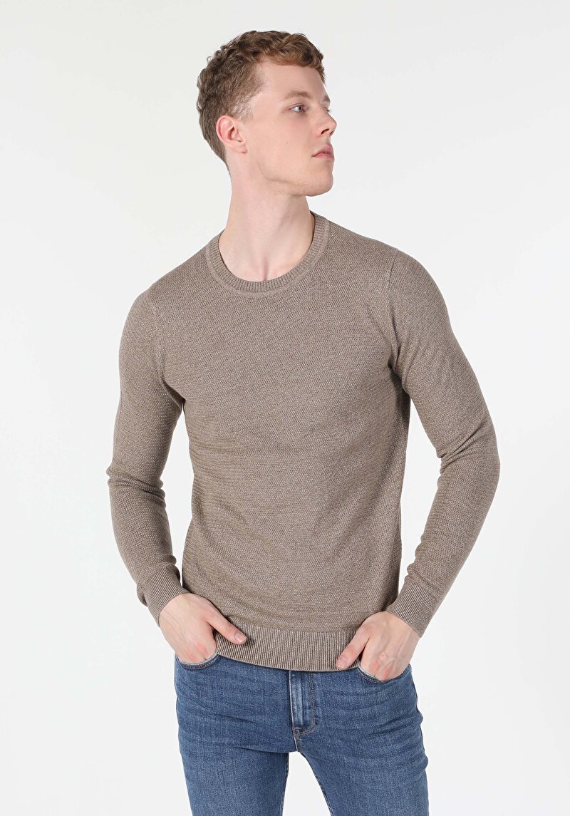 Regular Fit Yuvarlak Yaka Jakarlı Erkek Bej Kazak