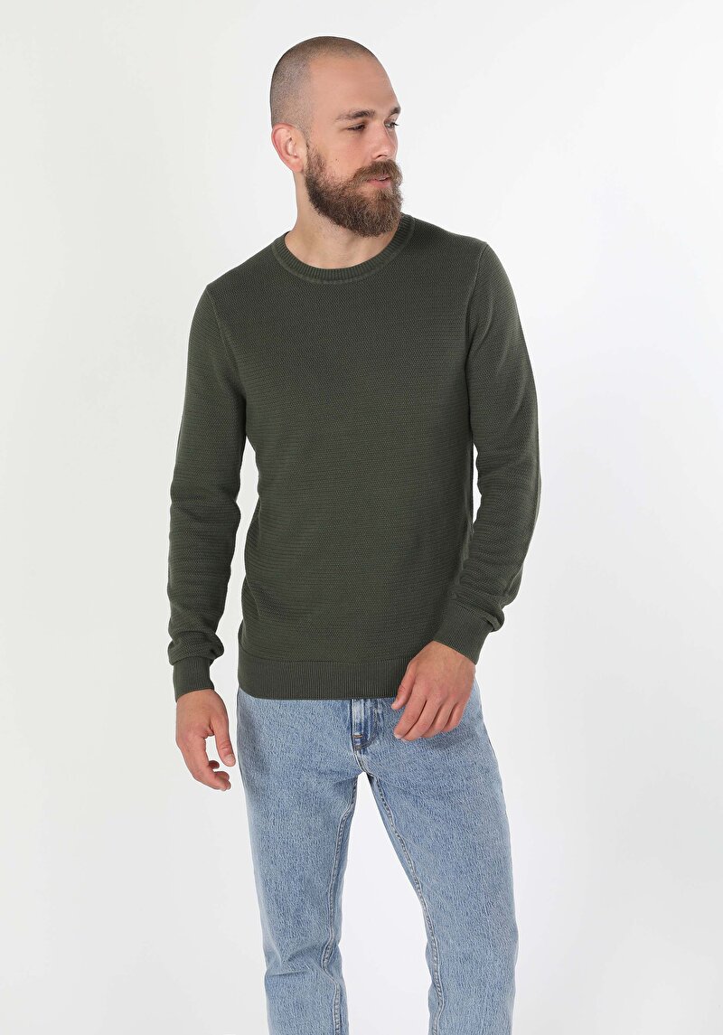 Regular Fit Yuvarlak Yaka Jakarlı Erkek Yeşil Triko Kazak
