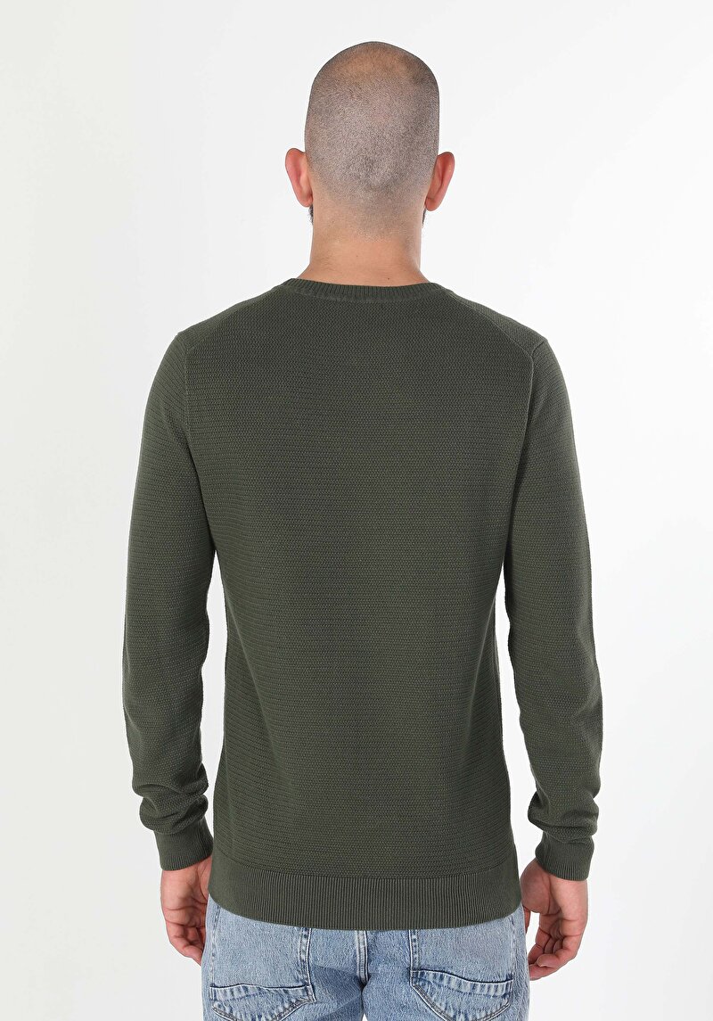 Regular Fit Yuvarlak Yaka Jakarlı Erkek Yeşil Triko Kazak