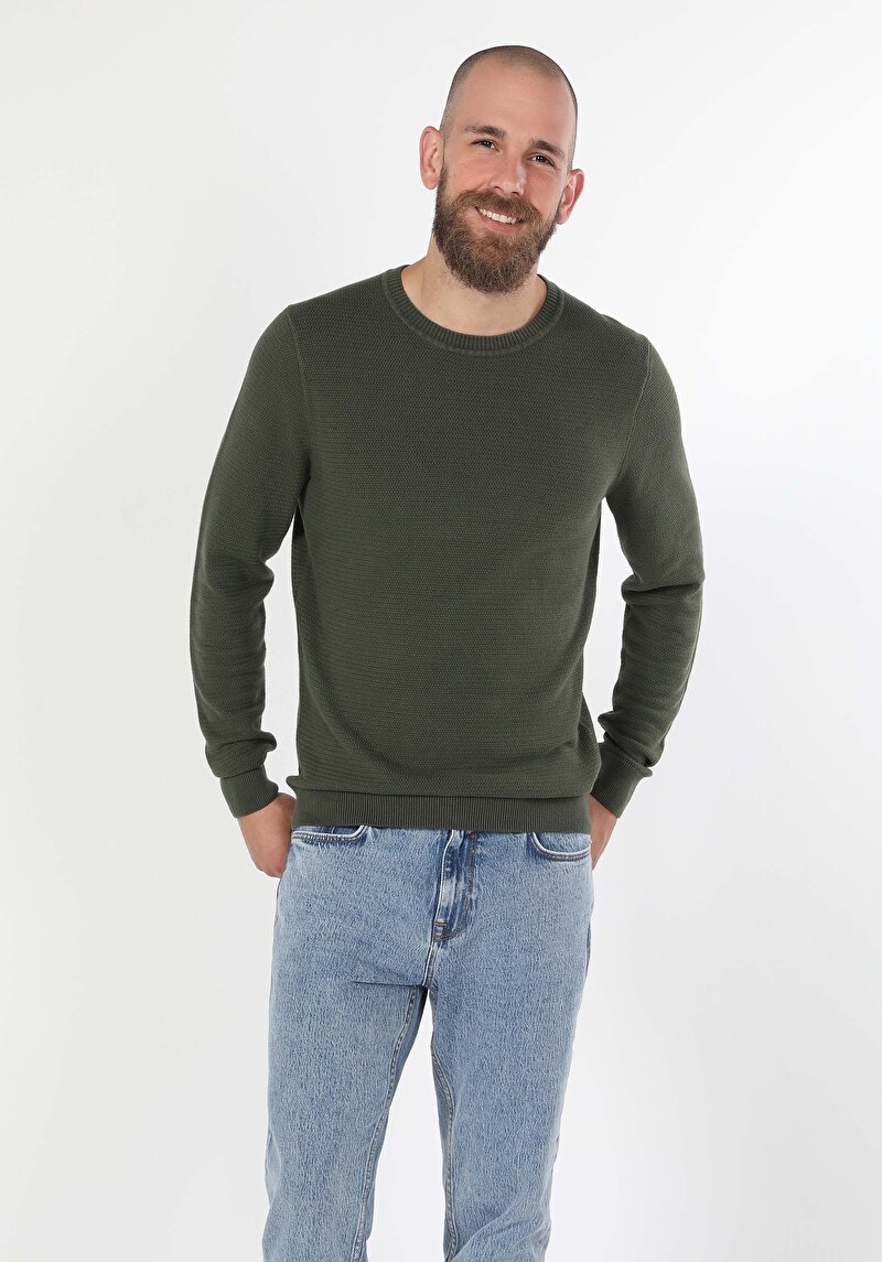 Regular Fit Yuvarlak Yaka Jakarlı Erkek Yeşil Triko Kazak