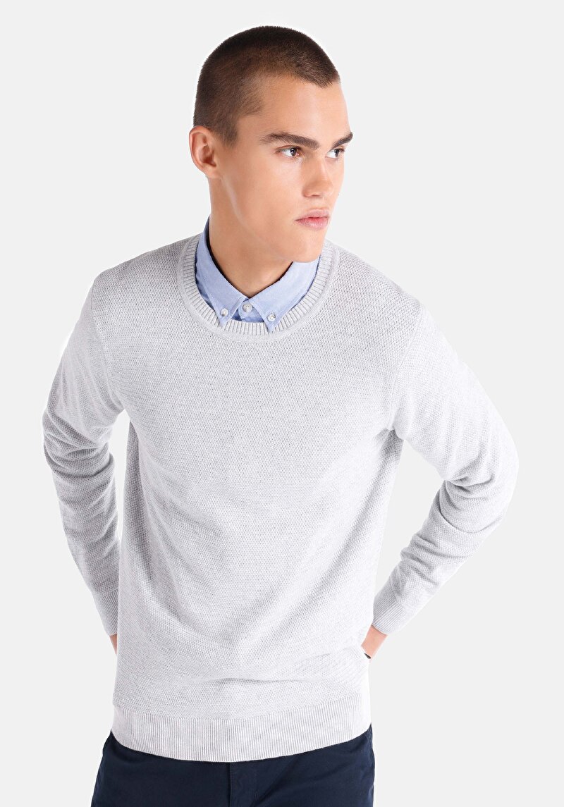 Regular Fit Yuvarlak Yaka Jakarlı Erkek Beyaz Triko Kazak