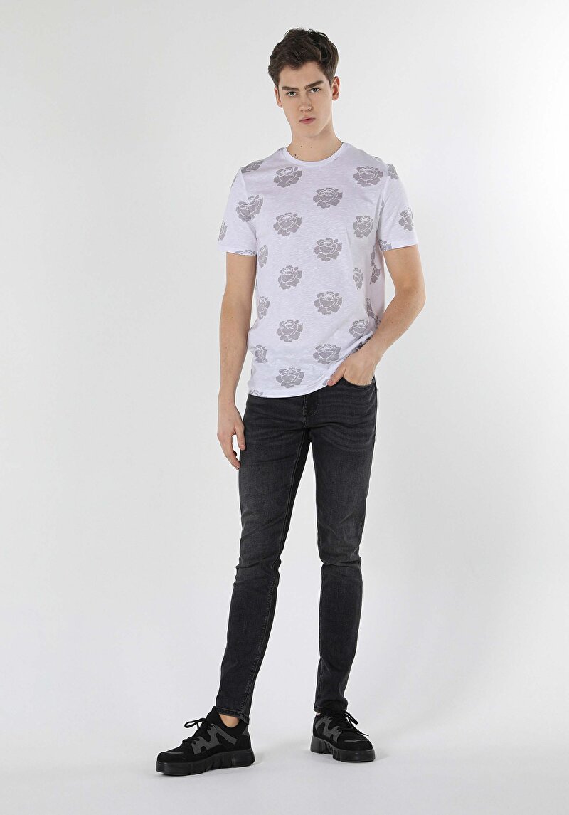 Regular Fit Yuvarlak Yaka Baskılı Erkek Beyaz Kısa Kol Tişört