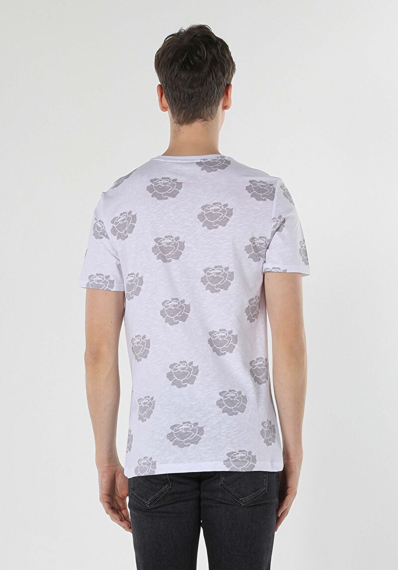 Regular Fit Yuvarlak Yaka Baskılı Erkek Beyaz Kısa Kol Tişört