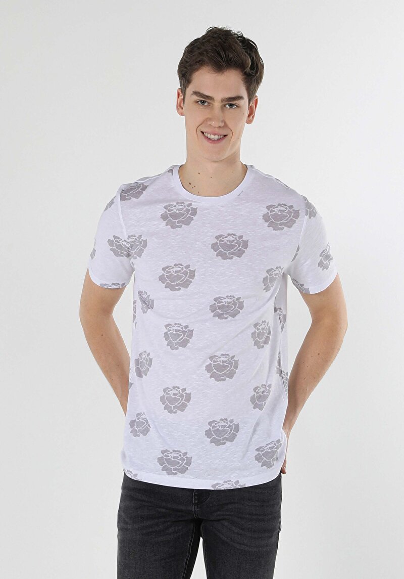 Regular Fit Yuvarlak Yaka Baskılı Erkek Beyaz Kısa Kol Tişört