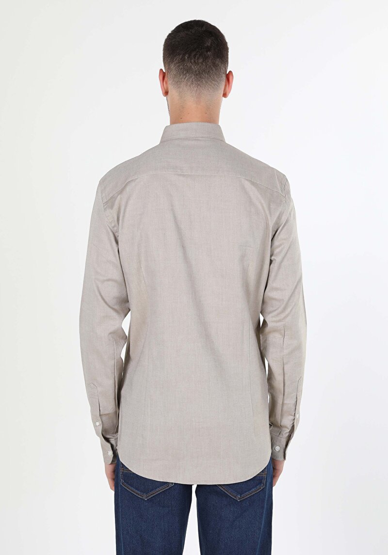 Slim Fit Shirt Neck Düz Erkek Ekru Uzun Kol Gömlek