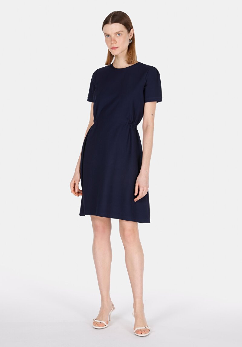 Regular Fit Nakışlı Kadın Lacivert Kısa Kol Elbise