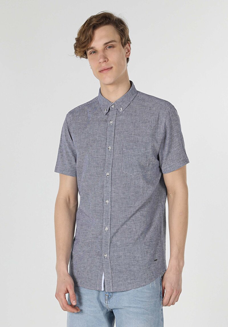 Regular Fit Shirt Neck Kareli Mavi Erkek Kısa Kol Gömlek Cl1049450
