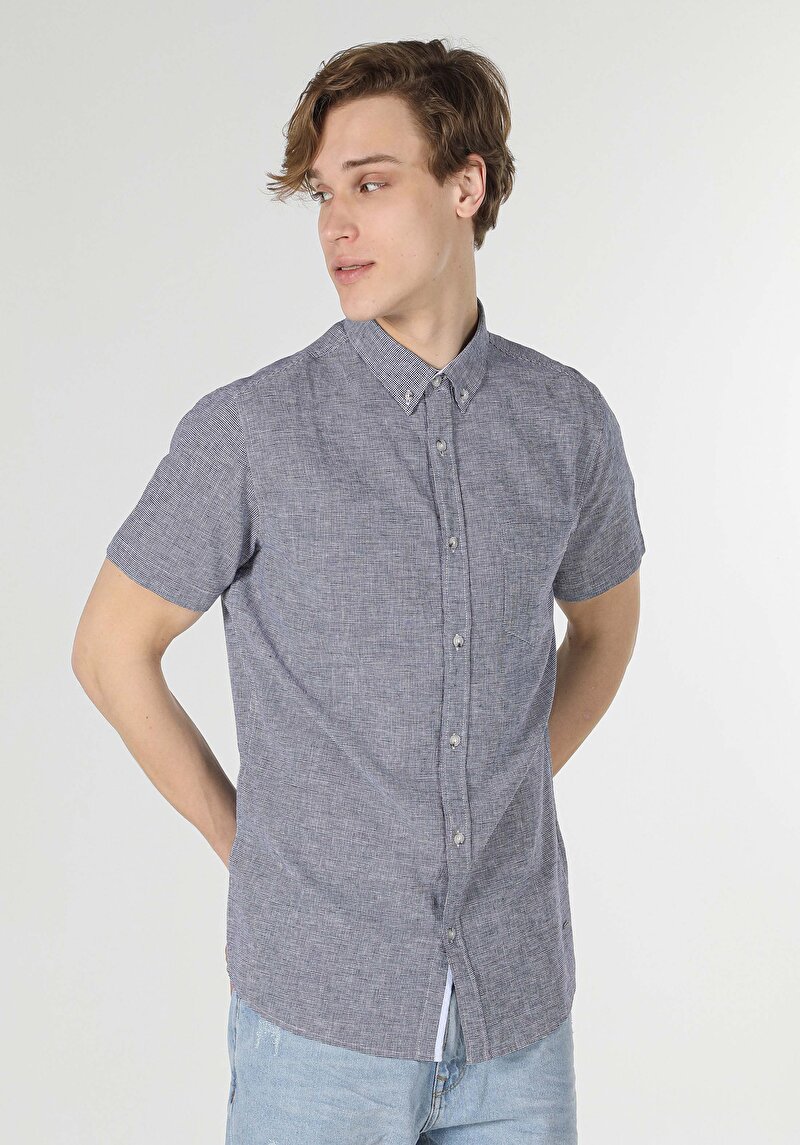 Regular Fit Shirt Neck Kareli Mavi Erkek Kısa Kol Gömlek Cl1049450