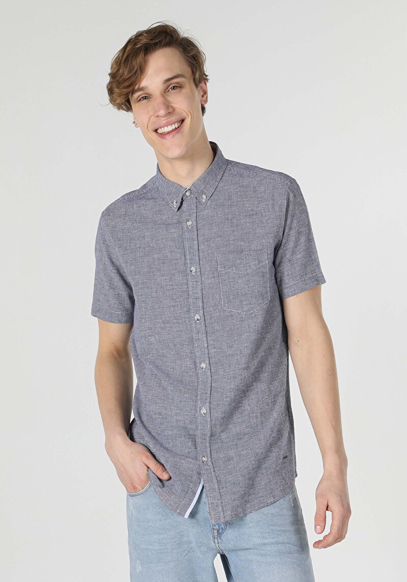 Regular Fit Shirt Neck Kareli Mavi Erkek Kısa Kol Gömlek Cl1049450