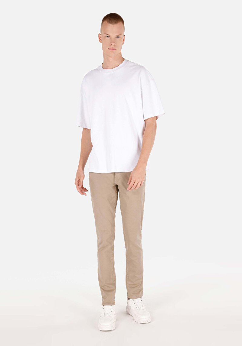 Slim Fit Orta Bel Düz Paça Erkek Bej Astarsız Pantolon