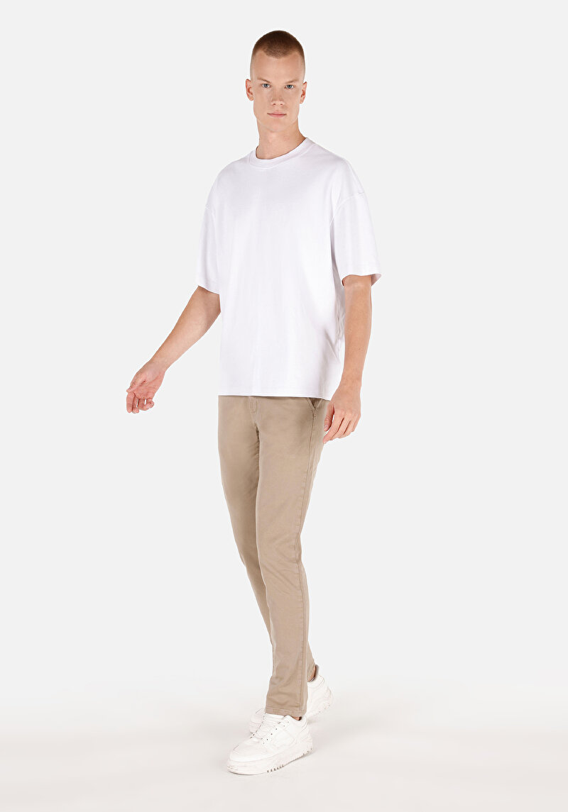 Slim Fit Orta Bel Düz Paça Erkek Bej Astarsız Pantolon