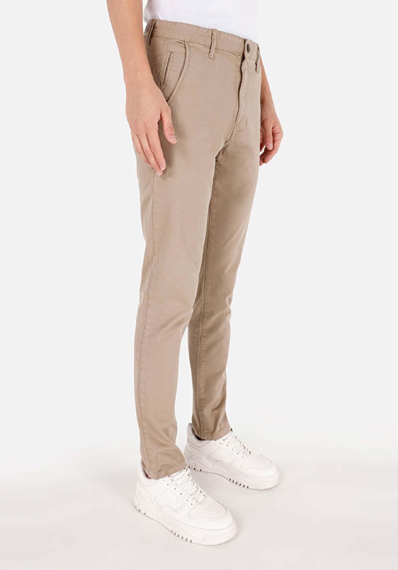 Slim Fit Orta Bel Düz Paça Erkek Bej Astarsız Pantolon