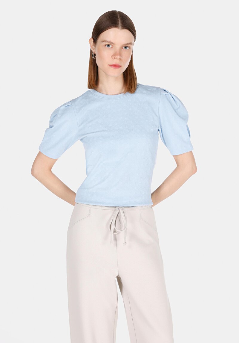 Slim Fit Kadın Mavi Kısa Kol Tişört