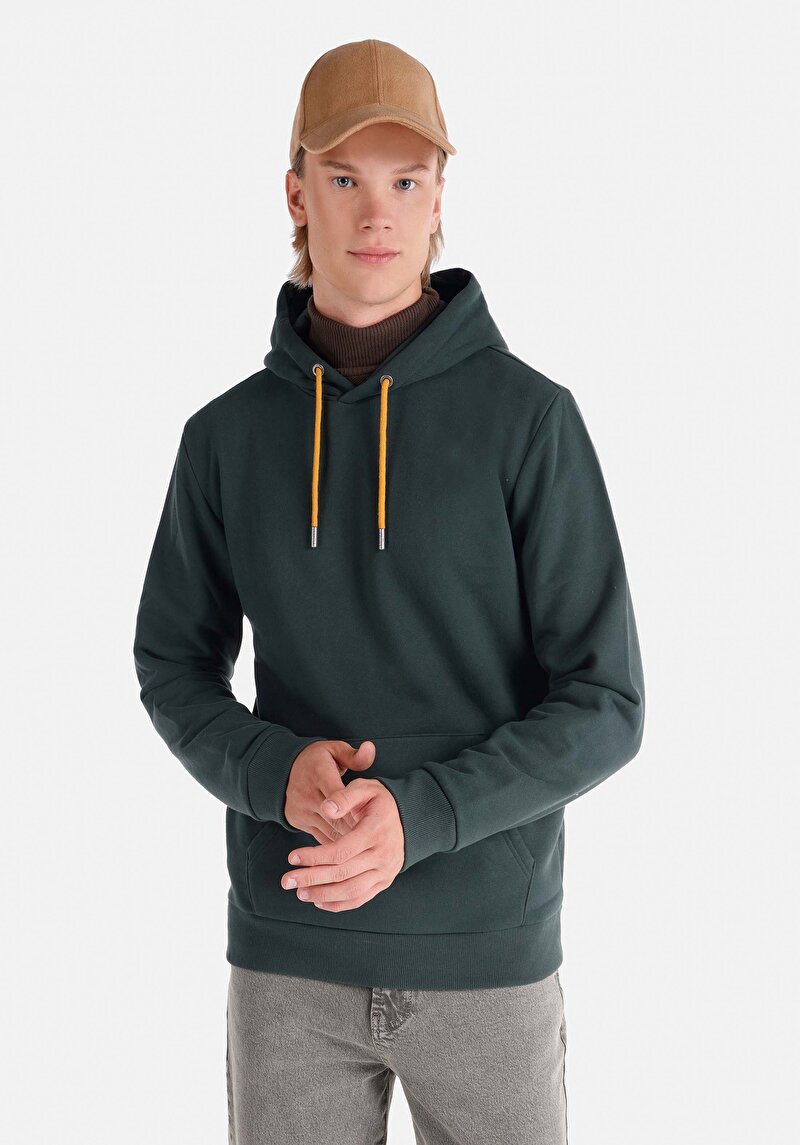 Regular Fit Kapüşonlu Erkek Yeşil Sweatshirt