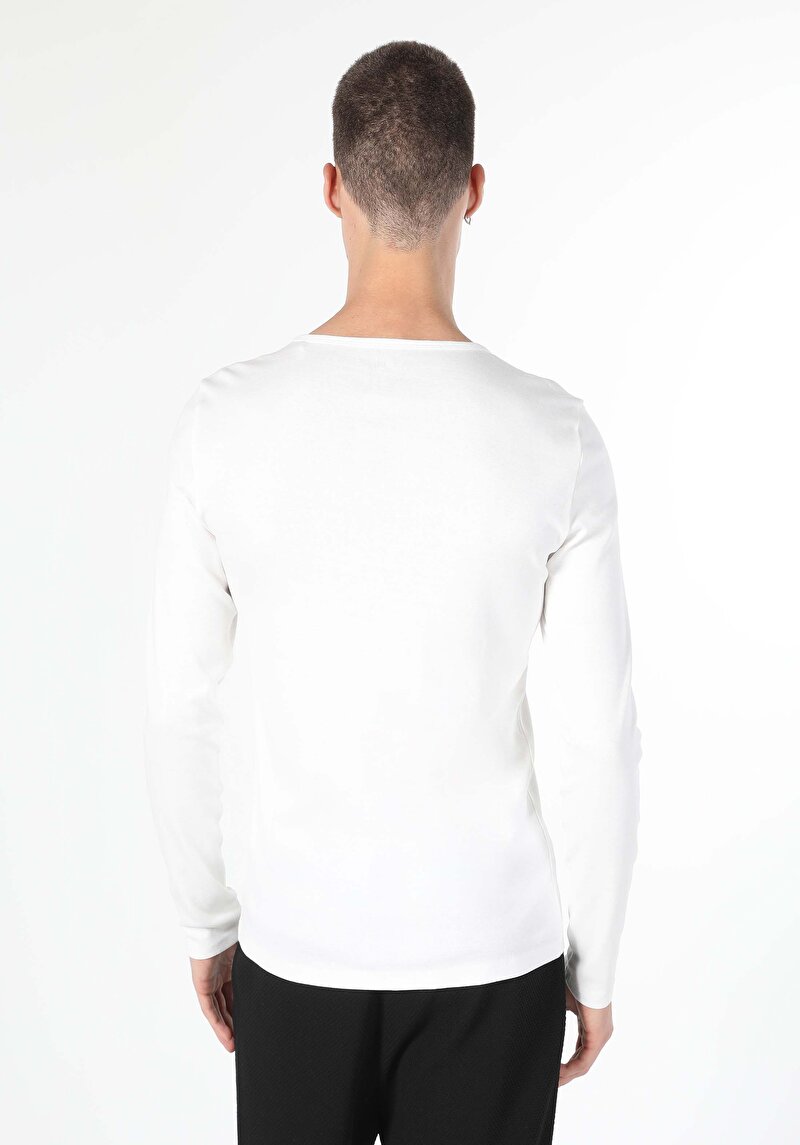 Slim Fit Yuvarlak Yaka Düz Erkek Beyaz Uzun Kol Tişört
