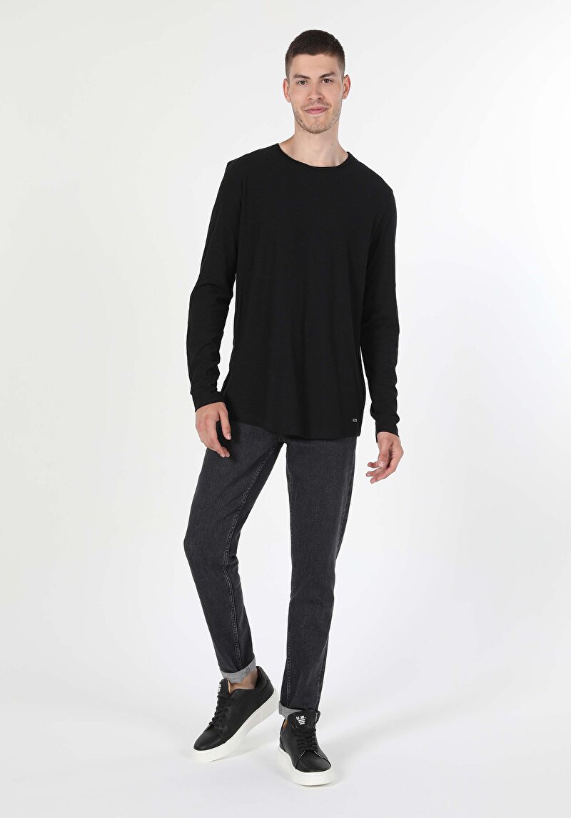 Regular Fit Yuvarlak Yaka Düz Erkek Siyah Uzun Kol Tişört