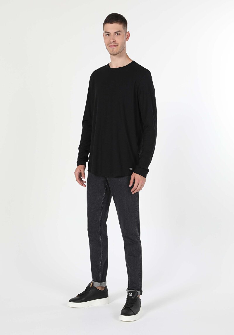 Regular Fit Yuvarlak Yaka Düz Erkek Siyah Uzun Kol Tişört