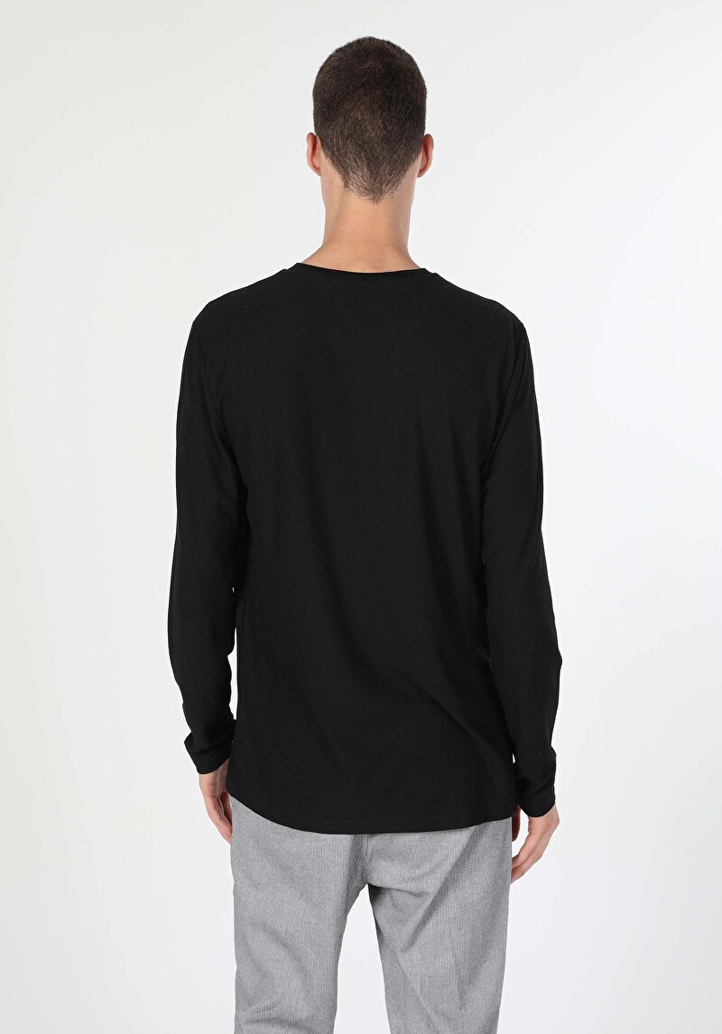 Regular Fit Yuvarlak Yaka Düz Erkek Siyah Uzun Kol Tişört