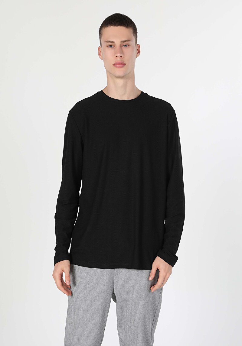 Regular Fit Yuvarlak Yaka Düz Erkek Siyah Uzun Kol Örme Tişört